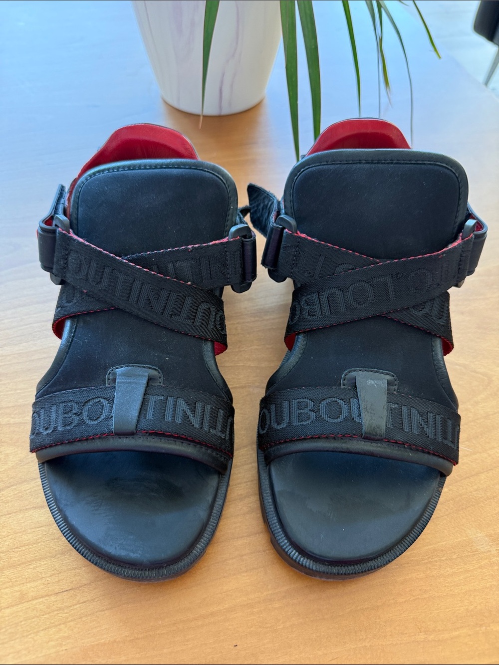 Christian Louboutin Black & Red Logo Strap Sandals